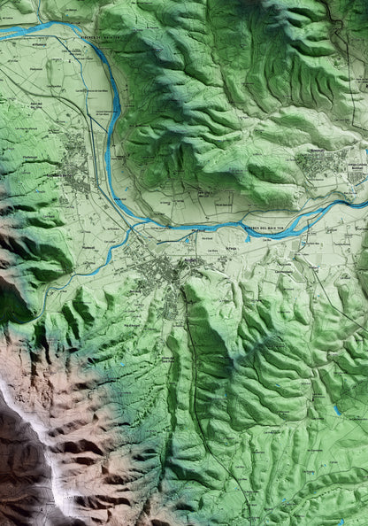 Mapa artístico del relieve de Anglès, a la Selva, con 15 km de entorno y base topográfica ICGC. Detalle de la zona central.