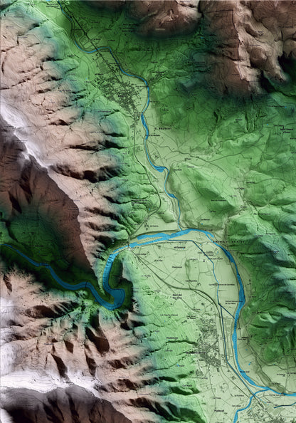 Mapa artístico del relieve de Anglès, a la Selva, con 15 km de entorno y base topográfica ICGC. Detalle de la zona superior izquierda.
