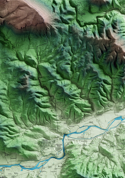 Mapa artístico del relieve de Anglès, a la Selva, con 15 km de entorno y base topográfica ICGC. Detalle de la zona superior derecha.