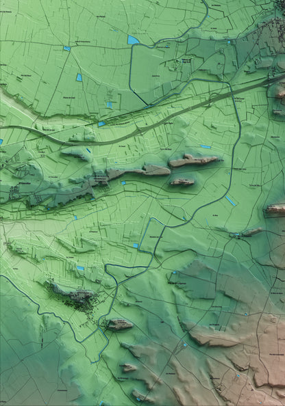 Mapa artístico del relieve de Anglesola, al Urgell, con 15 km de entorno y base topográfica ICGC. Detalle de la zona inferior izquierda.
