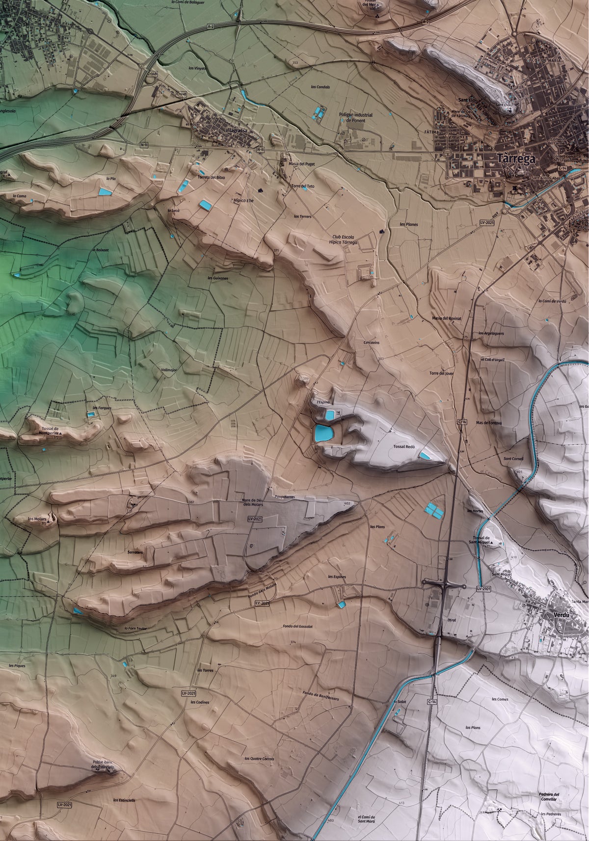 Mapa artístico del relieve de Anglesola, al Urgell, con 15 km de entorno y base topográfica ICGC. Detalle de la zona inferior derecha.