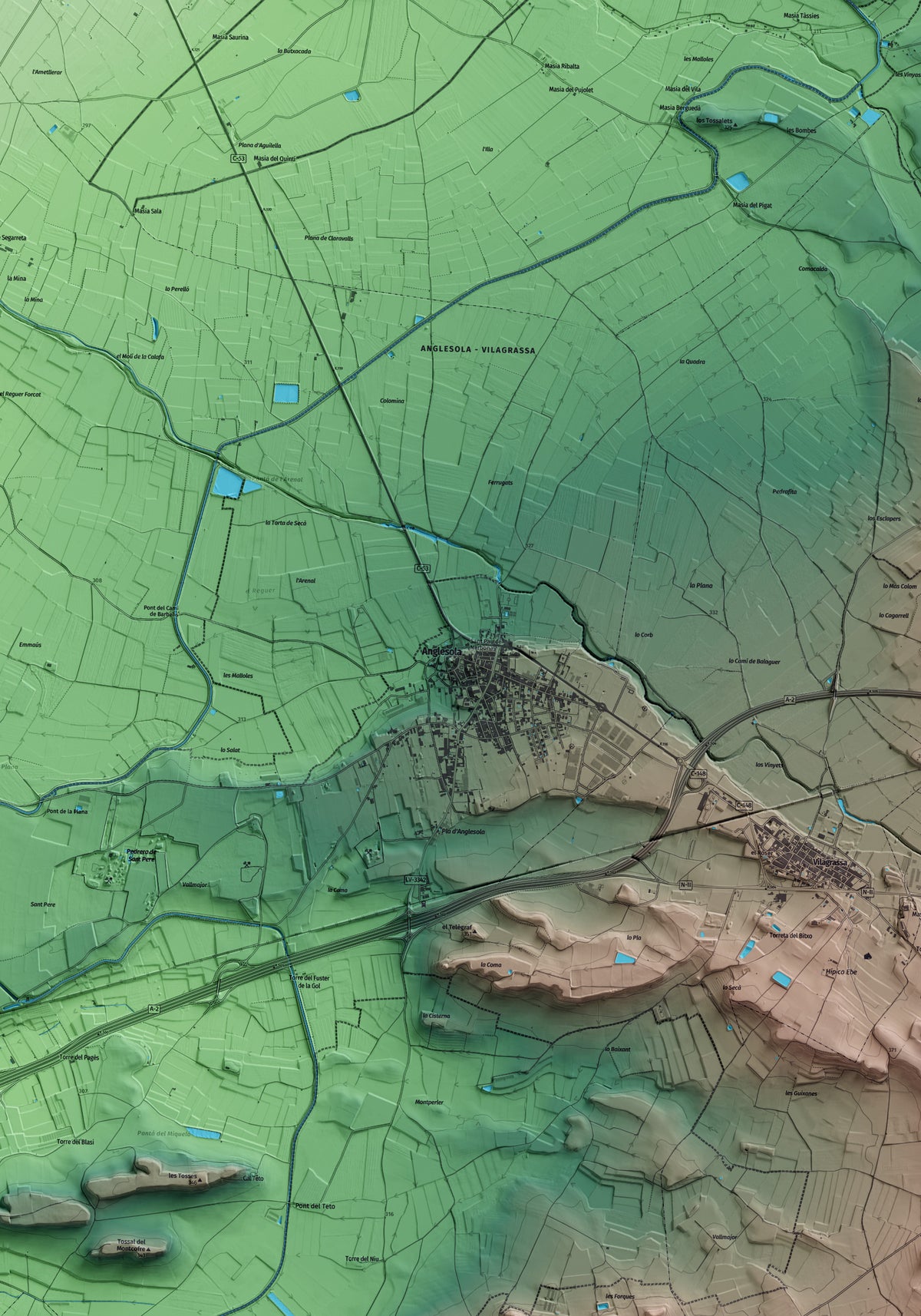 Mapa artístico del relieve de Anglesola, al Urgell, con 15 km de entorno y base topográfica ICGC. Detalle de la zona central.