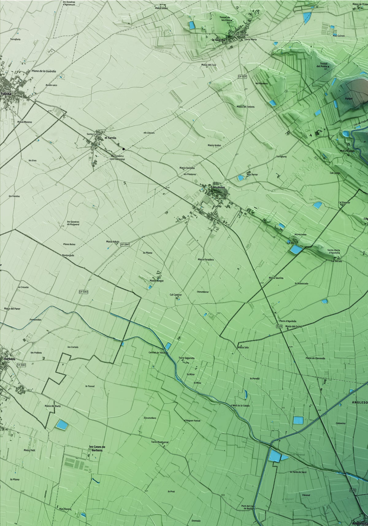 Mapa artístico del relieve de Anglesola, al Urgell, con 15 km de entorno y base topográfica ICGC. Detalle de la zona superior izquierda.