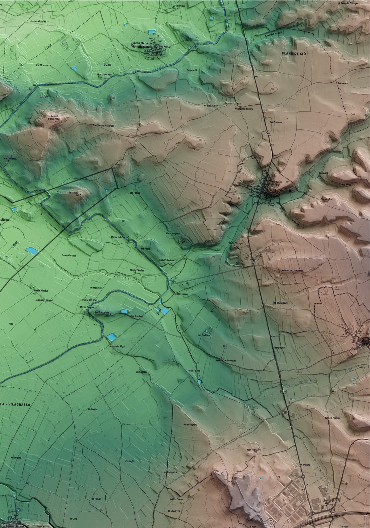 Mapa artístico del relieve de Anglesola, al Urgell, con 15 km de entorno y base topográfica ICGC. Detalle de la zona superior derecha.