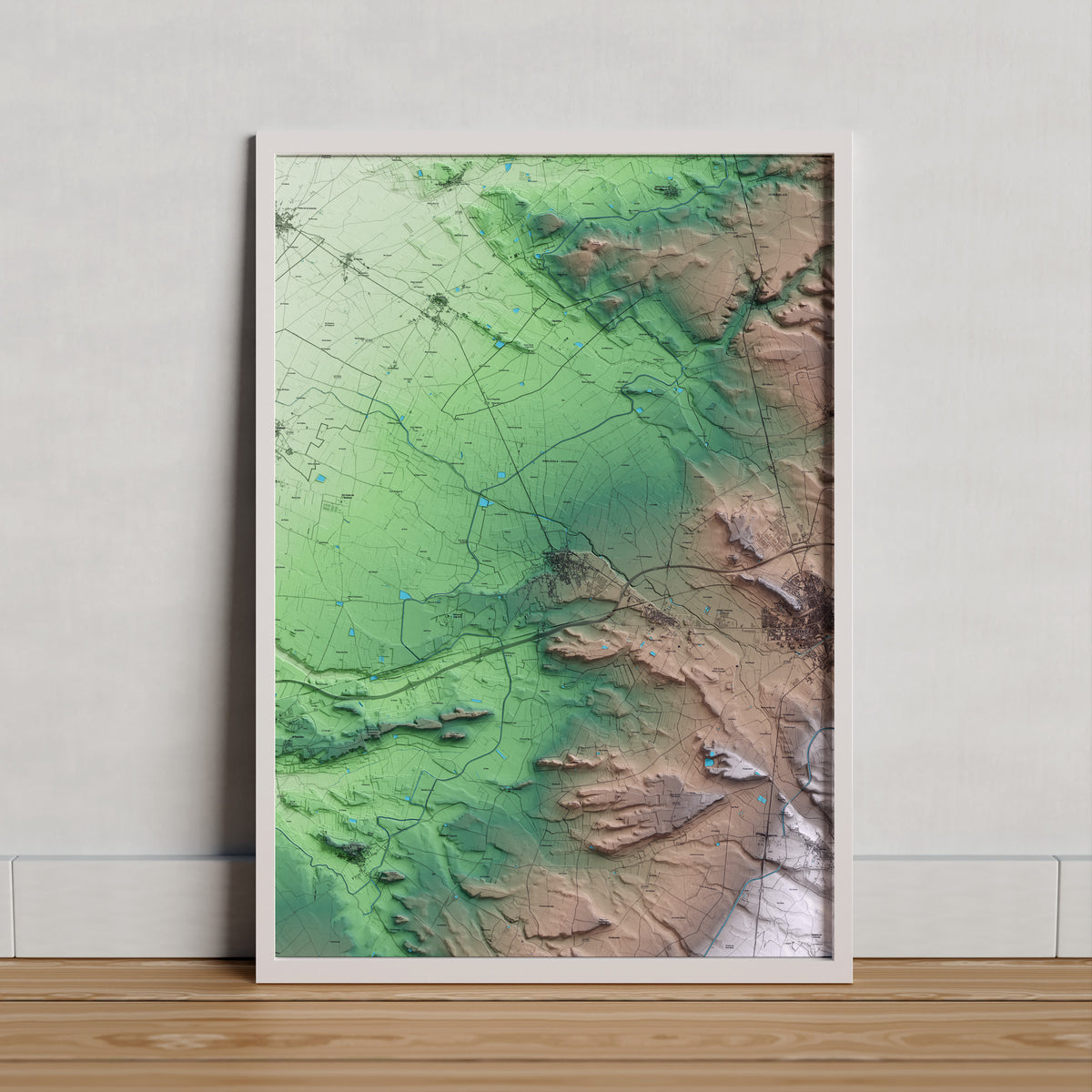 Mapa artístico del relieve de Anglesola, al Urgell, con 15 km de entorno y base topográfica ICGC. Presentación enmarcada.
