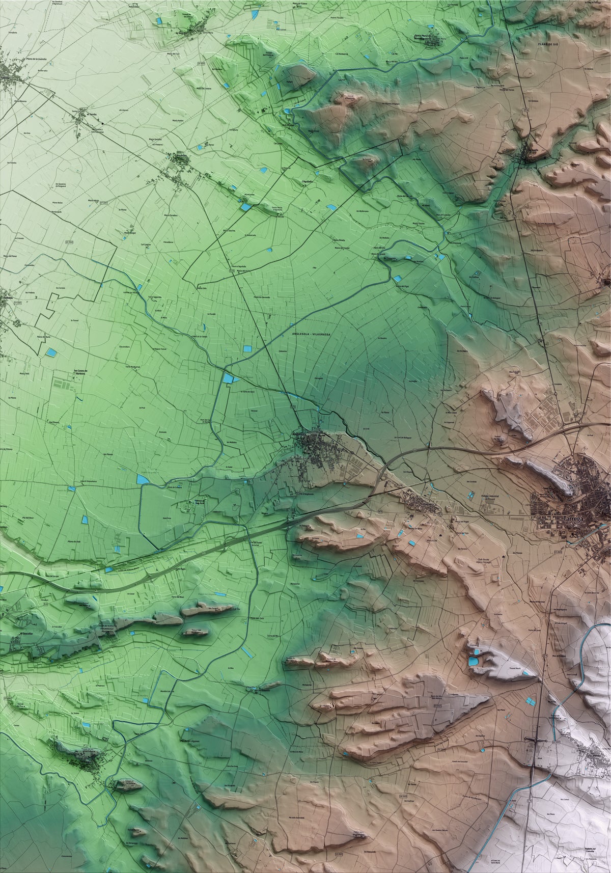 Mapa artístico del relieve de Anglesola, al Urgell, con 15 km de entorno y base topográfica ICGC