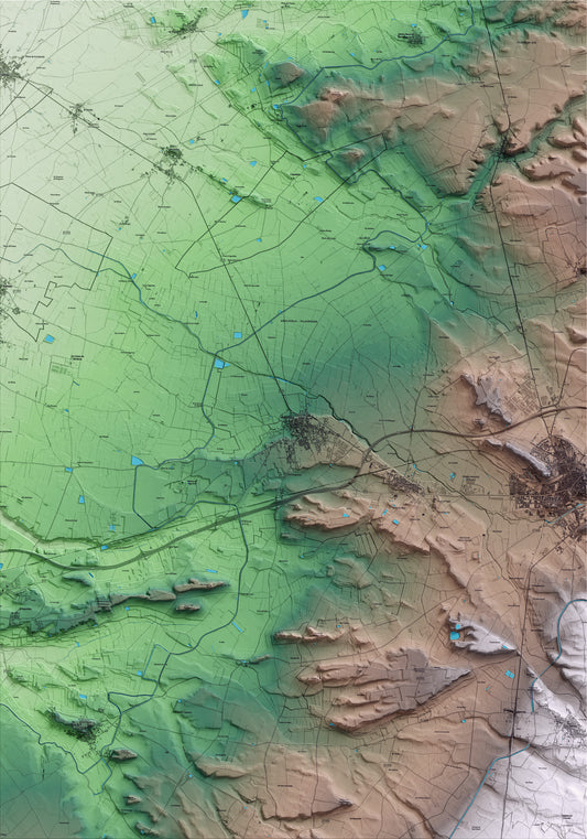 Mapa artístico del relieve de Anglesola, al Urgell, con 15 km de entorno y base topográfica ICGC