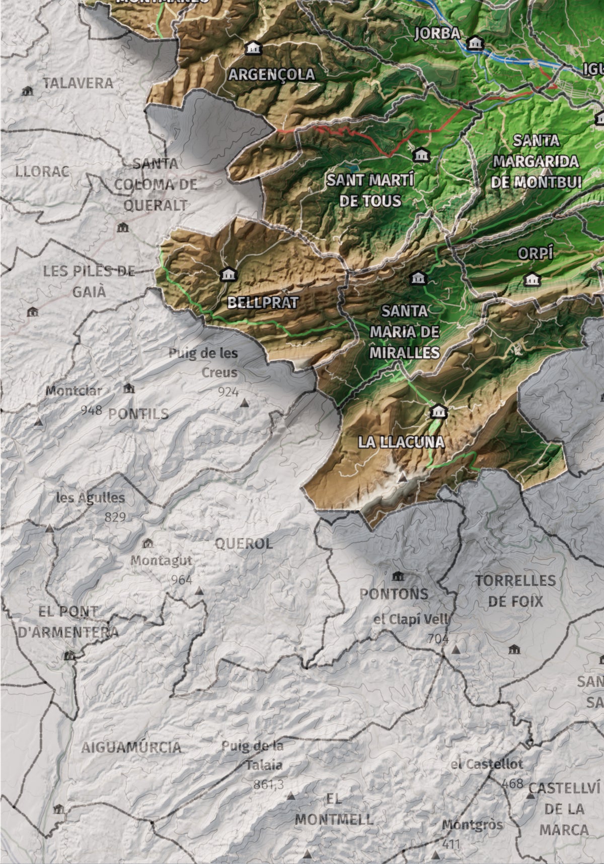 Mapa de relleu de l’Anoia, amb el territori en color i l’entorn en blanc. Detall de la part inferior esquerra. 21 × 30 cm. Estil Clàssic.
