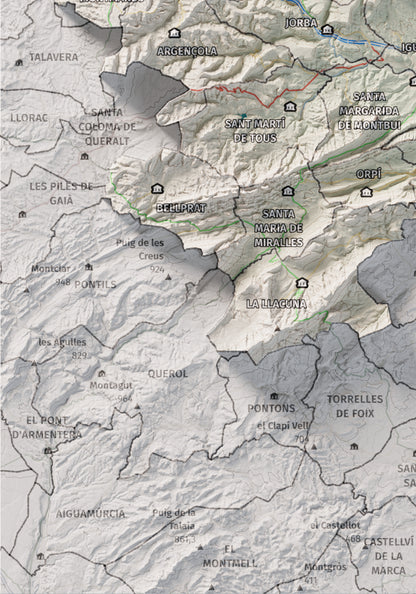Mapa de relleu de l’Anoia, amb el territori en color i l’entorn en blanc. Detall de la part inferior esquerra. 21 × 30 cm. Estil Cartogràfic.