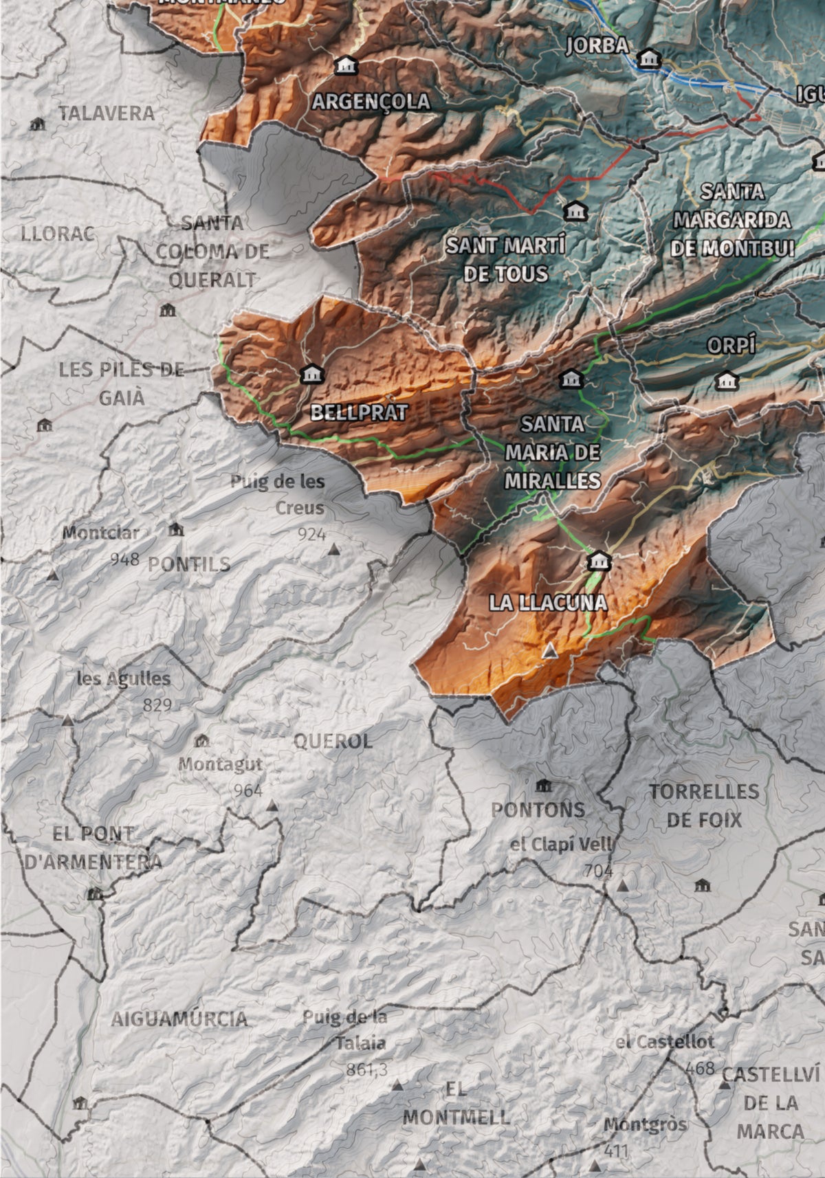 Mapa de relleu de l’Anoia, amb el territori en color i l’entorn en blanc. Detall de la part inferior esquerra. 21 × 30 cm. Estil Blau i taronja.