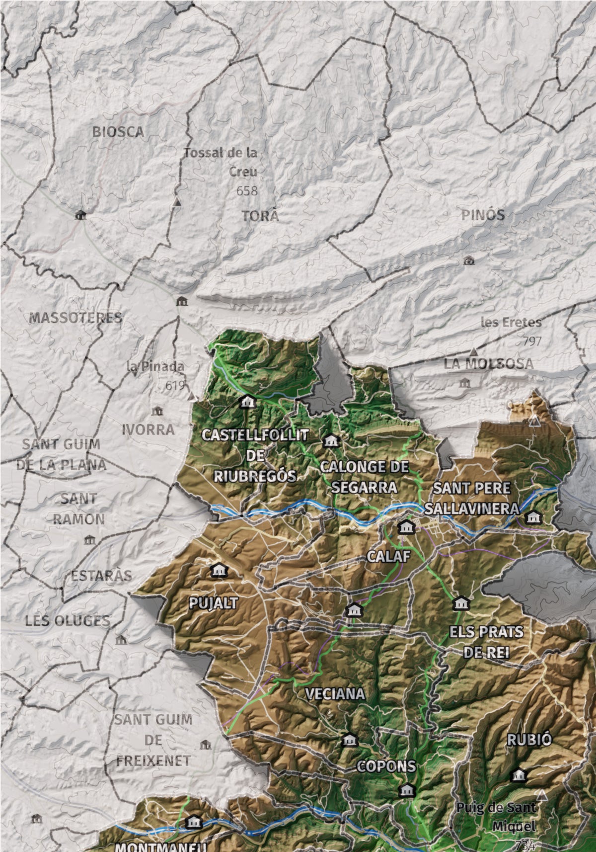 Mapa de relleu de l’Anoia, amb el territori en color i l’entorn en blanc. Detall de la part superior esquerra. 21 × 30 cm. Estil Clàssic.