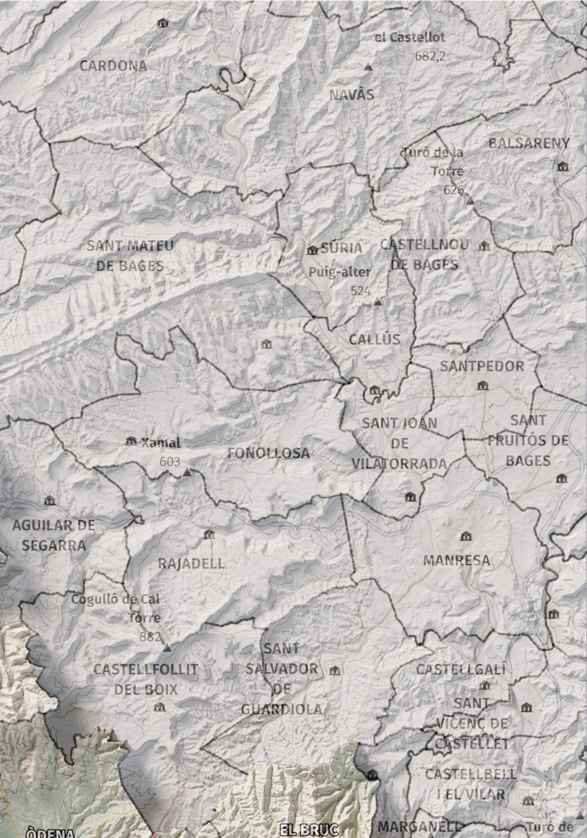 Mapa de relleu de l’Anoia, amb el territori en color i l’entorn en blanc. Detall de la part superior dreta. 21 × 30 cm. Estil Cartogràfic.