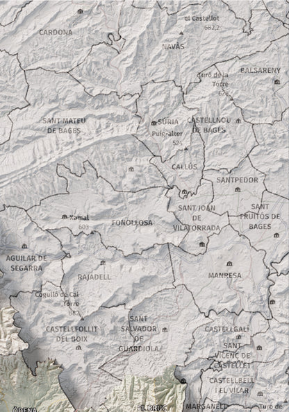 Mapa de relleu de l’Anoia, amb el territori en color i l’entorn en blanc. Detall de la part superior dreta. 21 × 30 cm. Estil Cartogràfic.