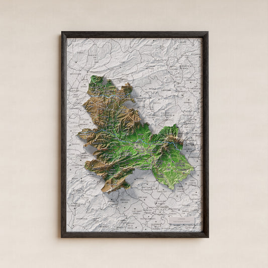 Mapa de relieve de la Anoia, con el territorio en color y el entorno en blanco. Presentación con marco. 21 × 30 cm. Estilo Clásico.