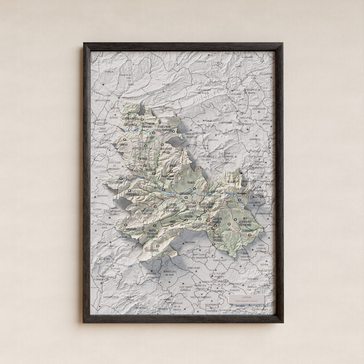 Mapa de relleu de l’Anoia, amb el territori en color i l’entorn en blanc. Presentació amb marc. 21 × 30 cm. Estil Cartogràfic.