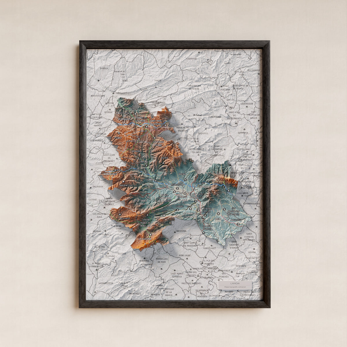 Mapa de relleu de l’Anoia, amb el territori en color i l’entorn en blanc. Presentació amb marc. 21 × 30 cm. Estil Blau i taronja.