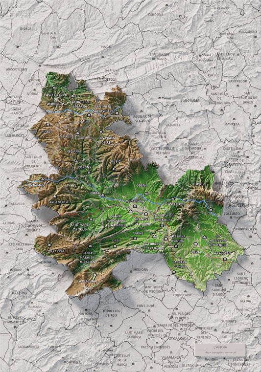 Mapa de relieve de la Anoia, con el territorio en color y el entorno en blanco. Vista completa de la lámina. 21 × 30 cm. Estilo Clásico.