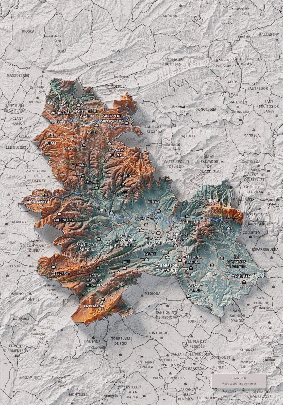 Mapa de relleu de l’Anoia, amb el territori en color i l’entorn en blanc. Vista completa de la làmina. 21 × 30 cm. Estil Blau i taronja.