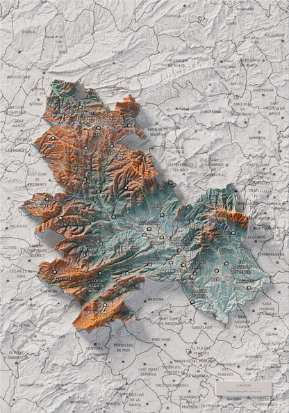Mapa de relleu de l’Anoia, amb el territori en color i l’entorn en blanc. Vista completa de la làmina. 21 × 30 cm. Estil Blau i taronja.
