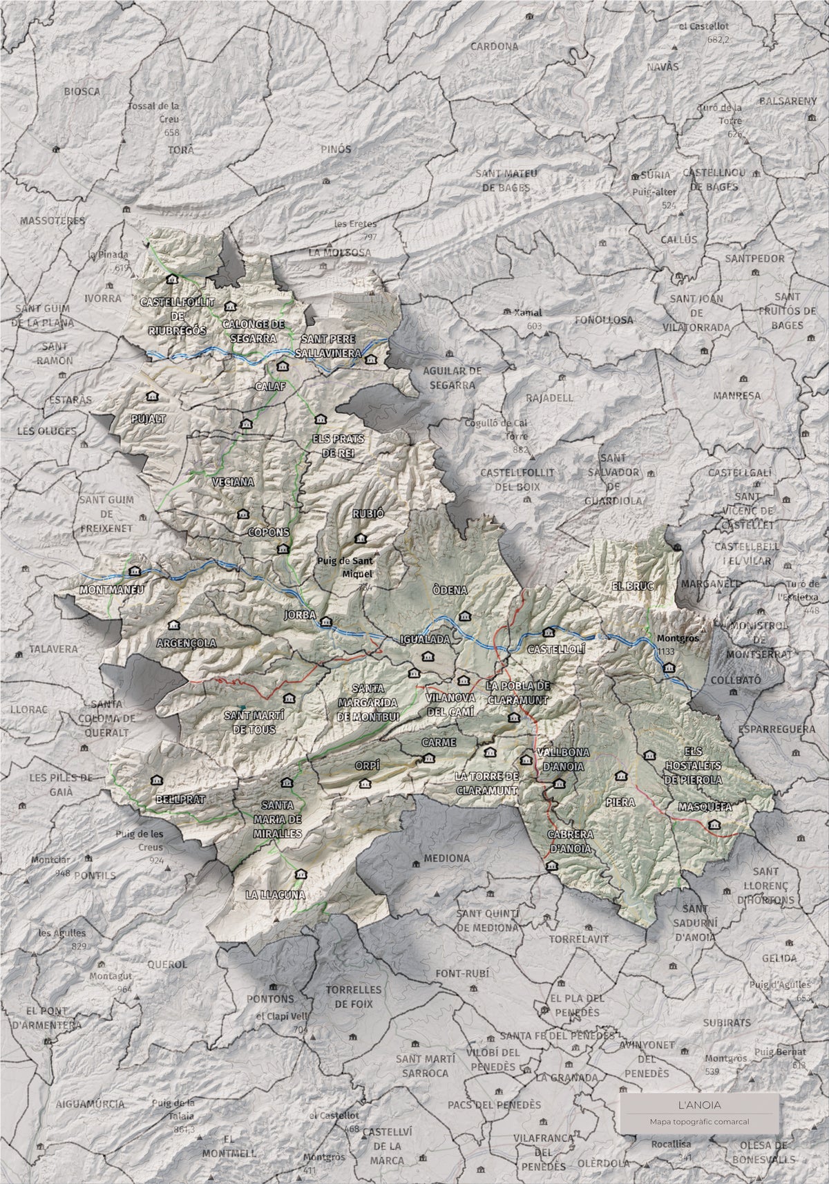 Mapa de relleu de l’Anoia, amb el territori en color i l’entorn en blanc. Vista completa de la làmina. 21 × 30 cm. Estil Cartogràfic.