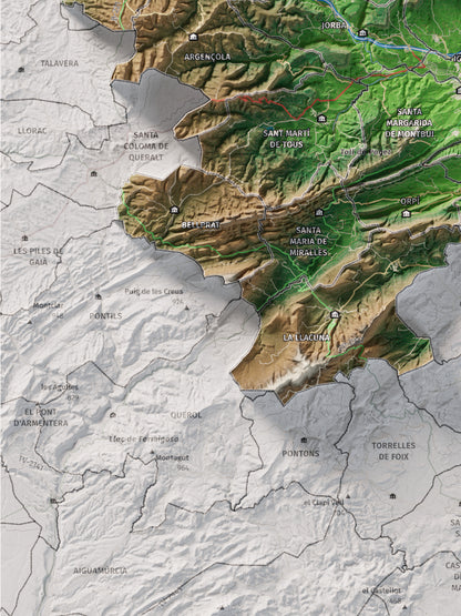 Mapa de relleu de l’Anoia, amb el territori en color i l’entorn en blanc. Detall de la part inferior esquerra. 30 × 40 cm. Estil Clàssic.
