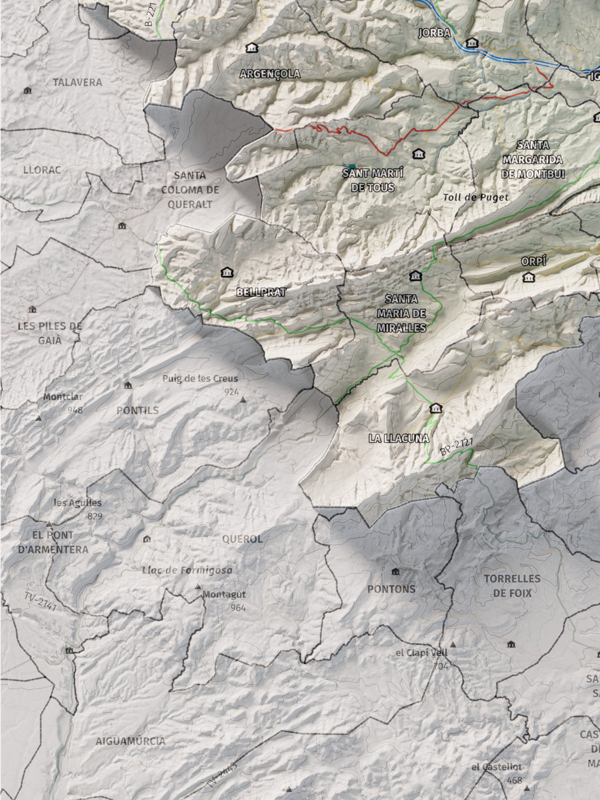 Mapa de relleu de l’Anoia, amb el territori en color i l’entorn en blanc. Detall de la part inferior esquerra. 30 × 40 cm. Estil Cartogràfic.