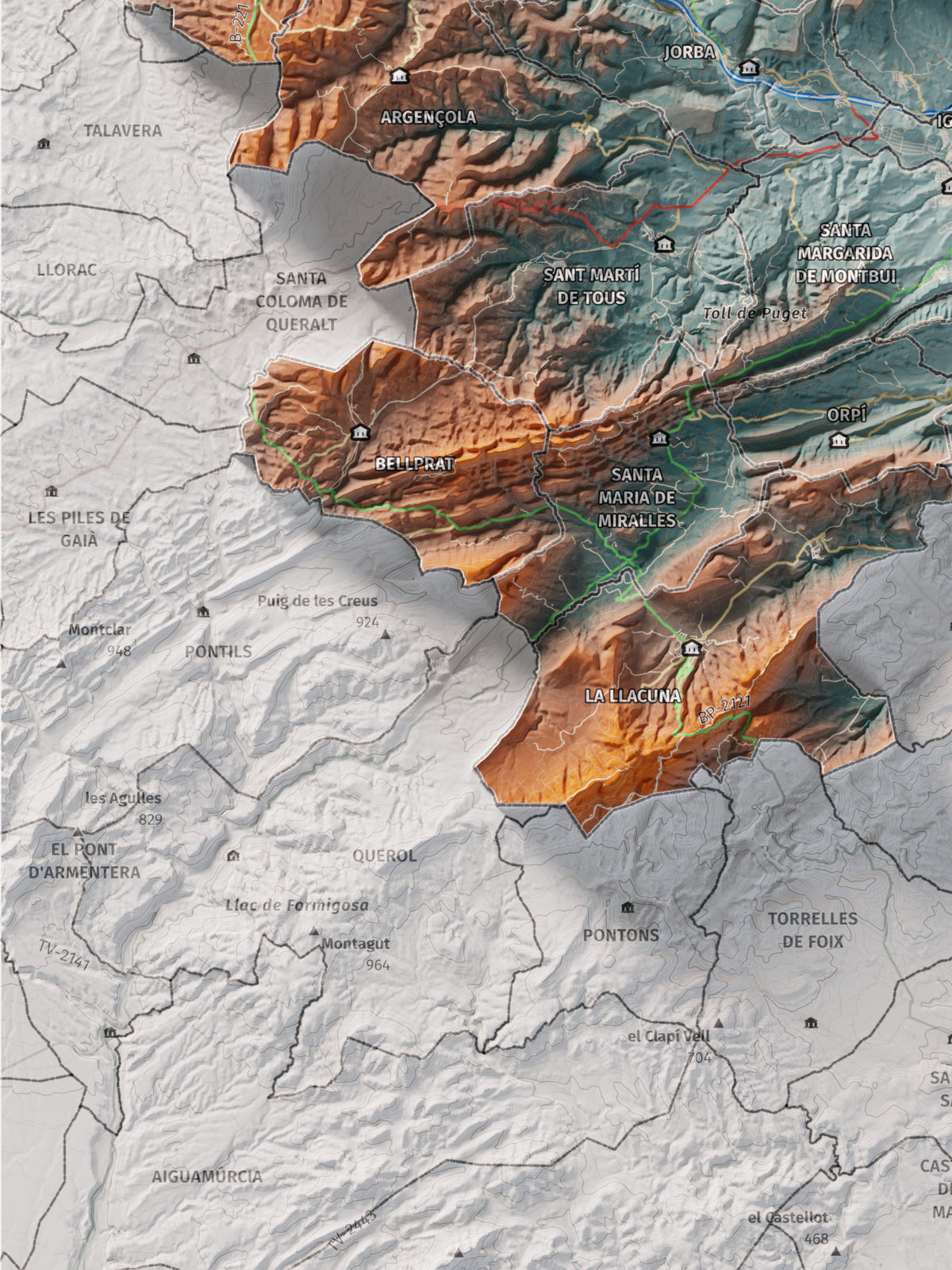 Mapa de relleu de l’Anoia, amb el territori en color i l’entorn en blanc. Detall de la part inferior esquerra. 30 × 40 cm. Estil Blau i taronja.