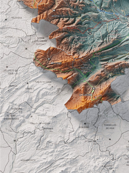 Mapa de relleu de l’Anoia, amb el territori en color i l’entorn en blanc. Detall de la part inferior esquerra. 30 × 40 cm. Estil Blau i taronja.