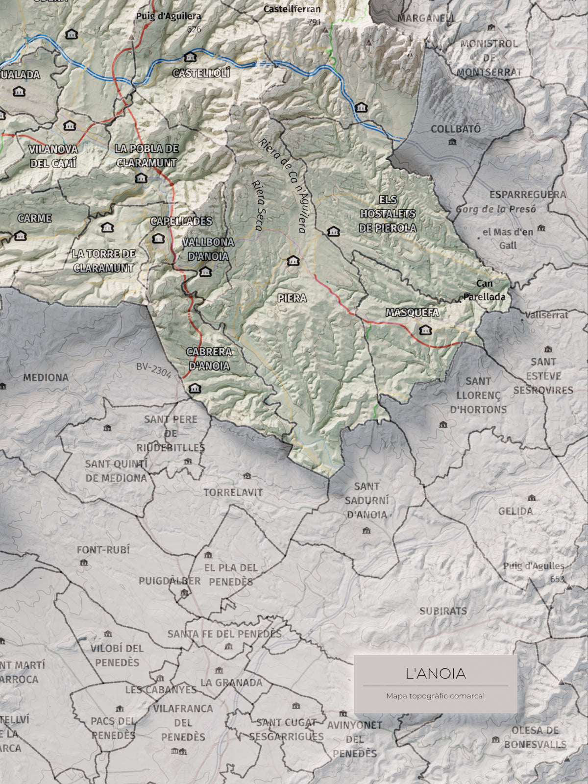 Mapa de relleu de l’Anoia, amb el territori en color i l’entorn en blanc. Detall de la part inferior dreta. 30 × 40 cm. Estil Cartogràfic.