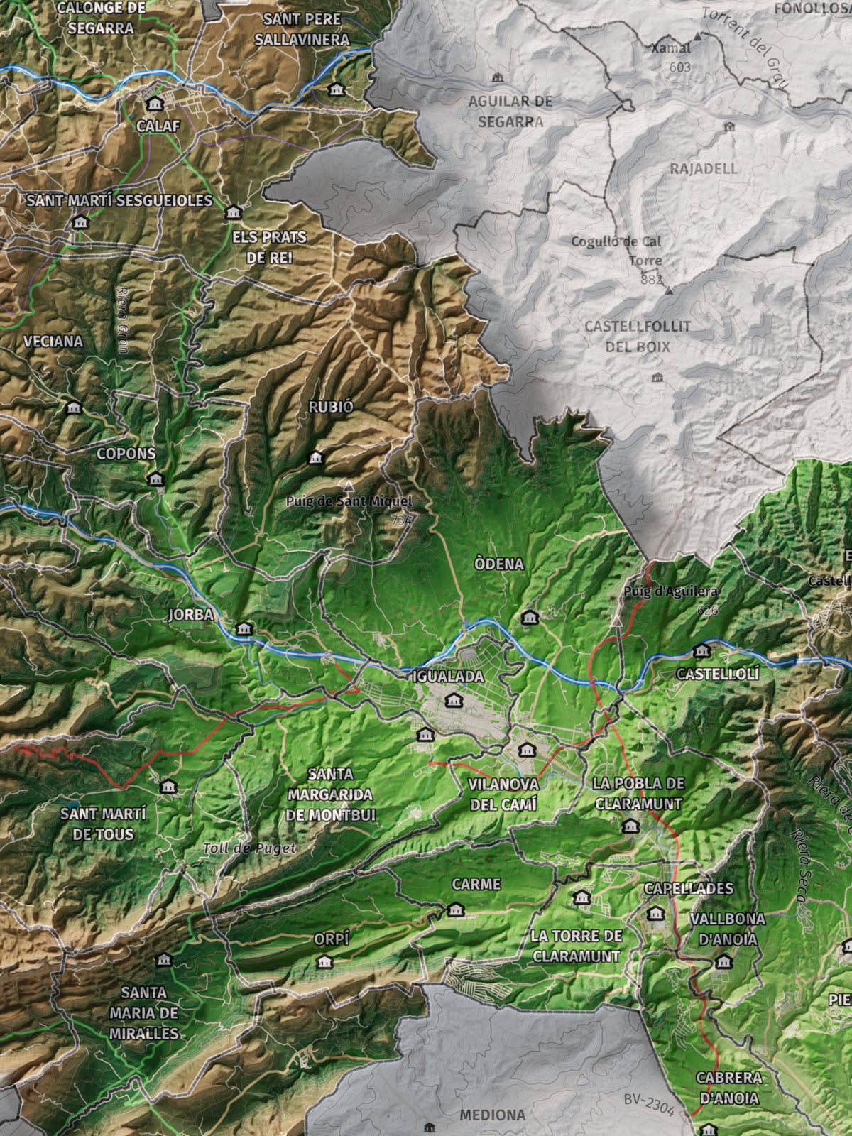 Mapa de relleu de l’Anoia, amb el territori en color i l’entorn en blanc. Detall de la part central. 30 × 40 cm. Estil Clàssic.