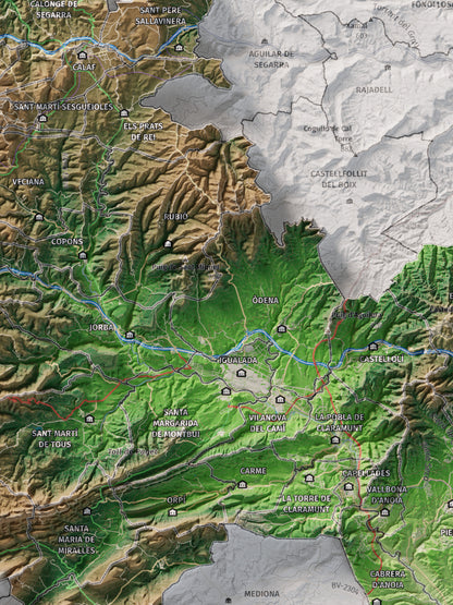 Mapa de relleu de l’Anoia, amb el territori en color i l’entorn en blanc. Detall de la part central. 30 × 40 cm. Estil Clàssic.