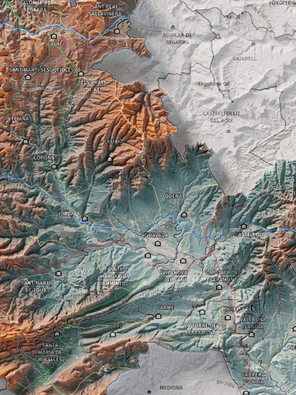 Mapa de relleu de l’Anoia, amb el territori en color i l’entorn en blanc. Detall de la part central. 30 × 40 cm. Estil Blau i taronja.