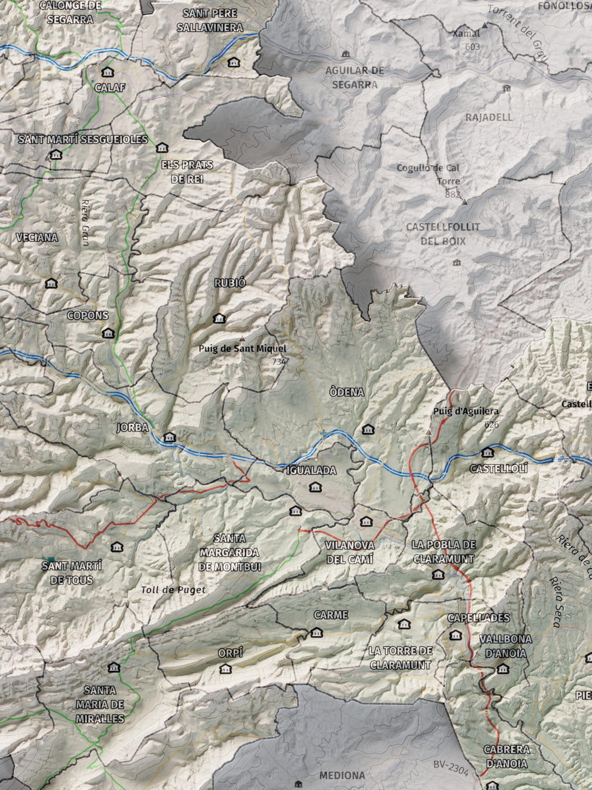 Mapa de relleu de l’Anoia, amb el territori en color i l’entorn en blanc. Detall de la part central. 30 × 40 cm. Estil Cartogràfic.