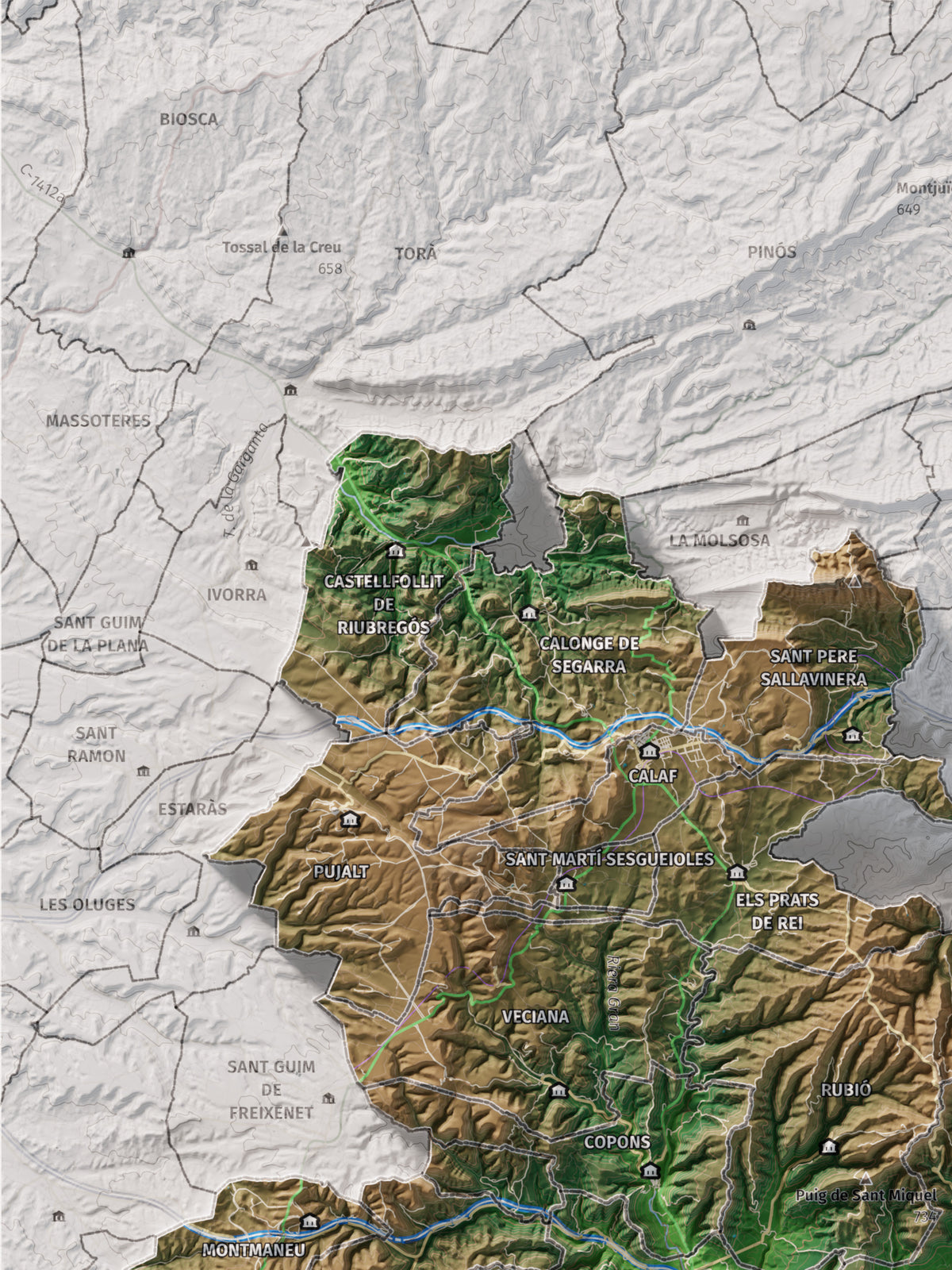 Mapa de relleu de l’Anoia, amb el territori en color i l’entorn en blanc. Detall de la part superior esquerra. 30 × 40 cm. Estil Clàssic.