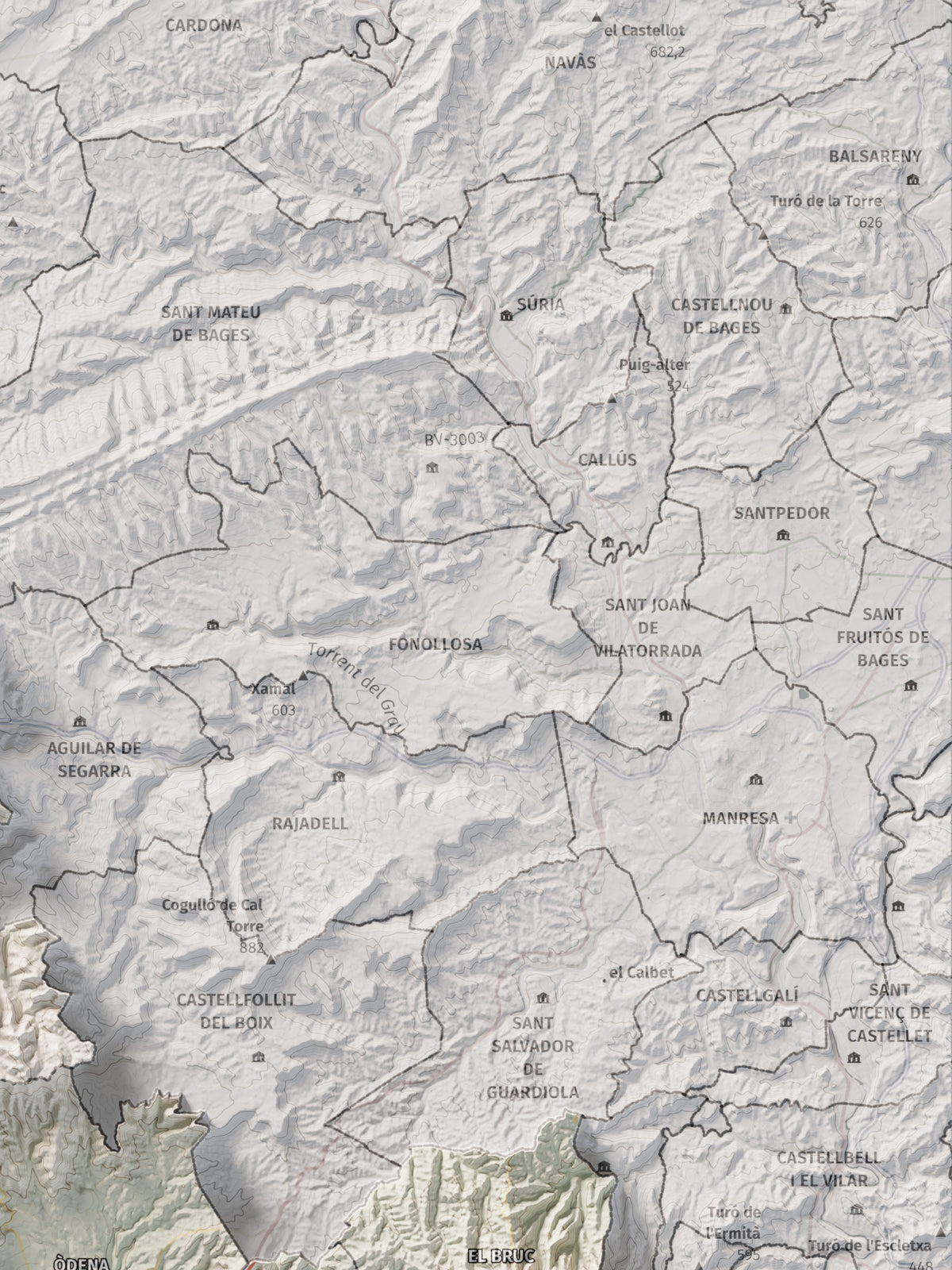 Mapa de relleu de l’Anoia, amb el territori en color i l’entorn en blanc. Detall de la part superior dreta. 30 × 40 cm. Estil Cartogràfic.