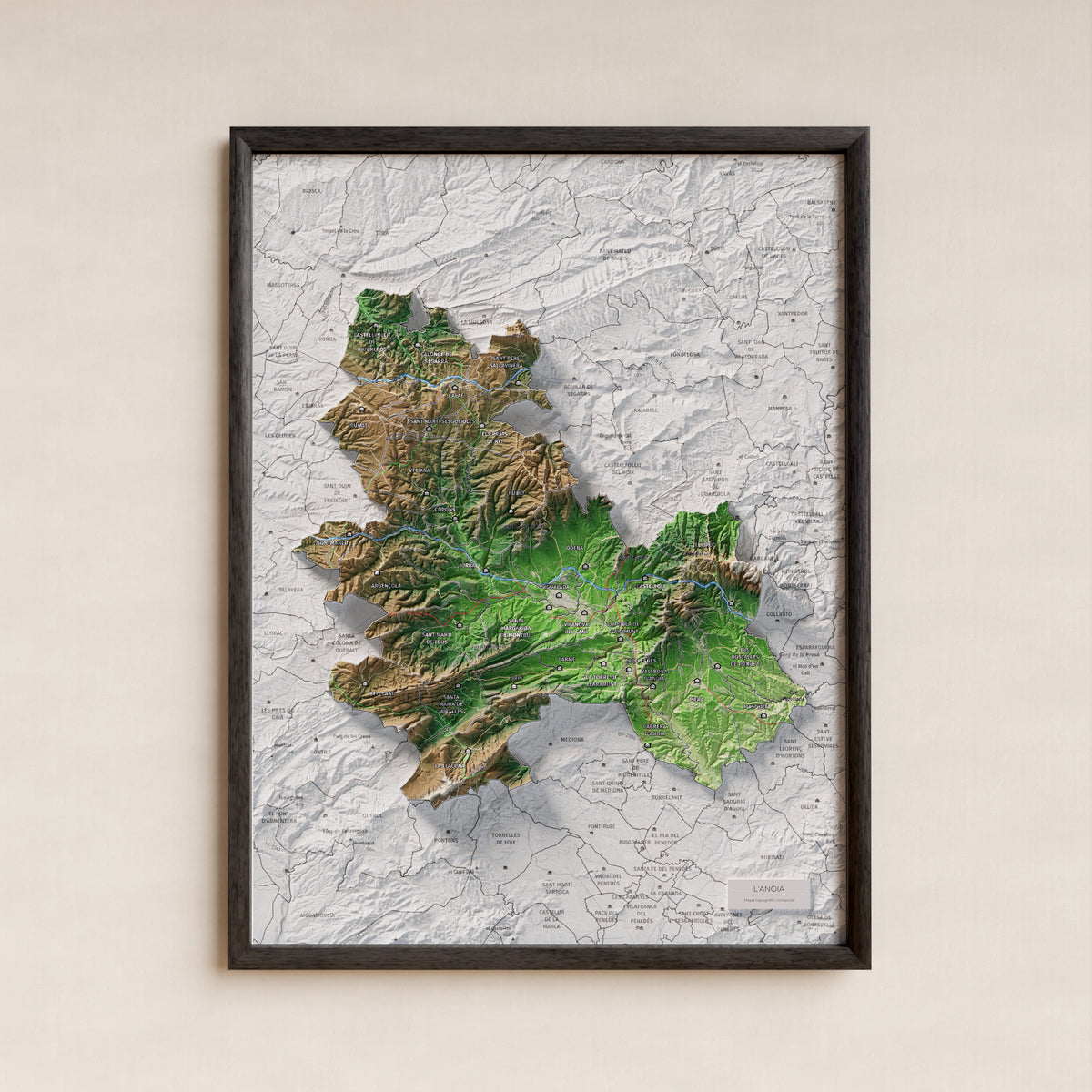 Mapa de relleu de l’Anoia, amb el territori en color i l’entorn en blanc. Presentació amb marc. 30 × 40 cm. Estil Clàssic.