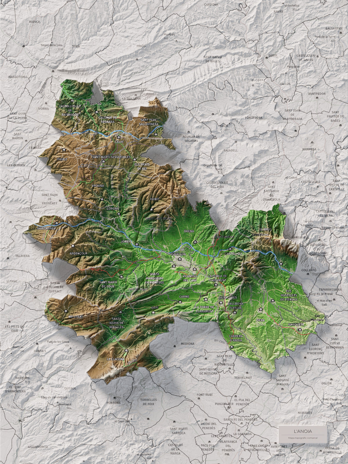 Mapa de relleu de l’Anoia, amb el territori en color i l’entorn en blanc. Vista completa de la làmina. 30 × 40 cm. Estil Clàssic.