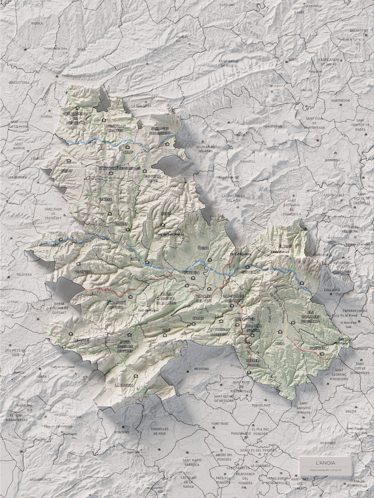Mapa de relleu de l’Anoia, amb el territori en color i l’entorn en blanc. Vista completa de la làmina. 30 × 40 cm. Estil Cartogràfic.