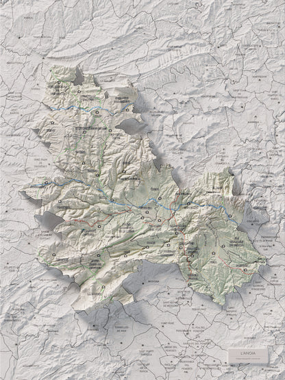 Mapa de relleu de l’Anoia, amb el territori en color i l’entorn en blanc. Vista completa de la làmina. 30 × 40 cm. Estil Cartogràfic.
