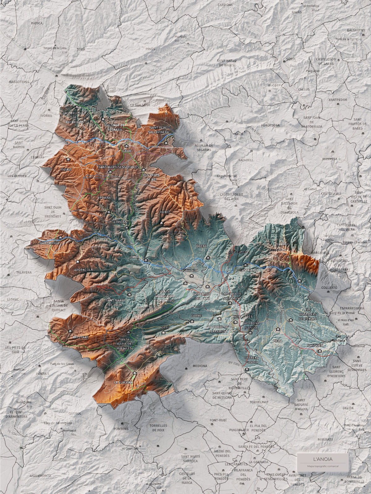 Mapa de relleu de l’Anoia, amb el territori en color i l’entorn en blanc. Vista completa de la làmina. 30 × 40 cm. Estil Blau i taronja.