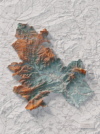 Mapa de relleu de l’Anoia, amb el territori en color i l’entorn en blanc. Vista completa de la làmina. 30 × 40 cm. Estil Blau i taronja.