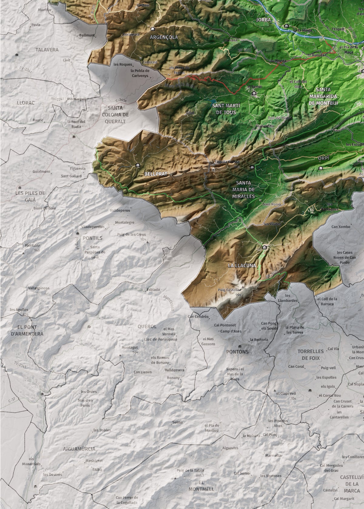 Mapa de relleu de l’Anoia, amb el territori en color i l’entorn en blanc. Detall de la part inferior esquerra. 50 × 70 cm. Estil Clàssic.