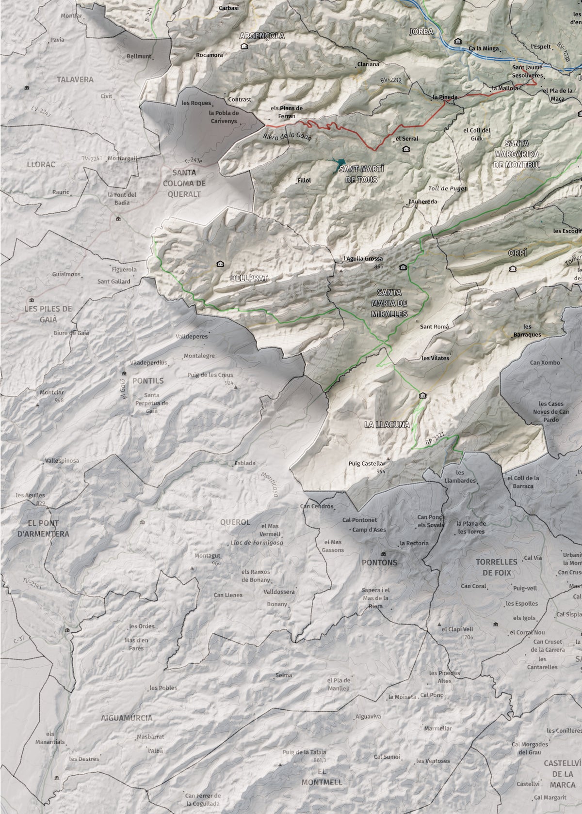 Mapa de relleu de l’Anoia, amb el territori en color i l’entorn en blanc. Detall de la part inferior esquerra. 50 × 70 cm. Estil Cartogràfic.