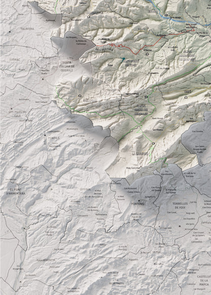 Mapa de relleu de l’Anoia, amb el territori en color i l’entorn en blanc. Detall de la part inferior esquerra. 50 × 70 cm. Estil Cartogràfic.