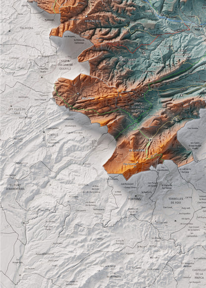 Mapa de relleu de l’Anoia, amb el territori en color i l’entorn en blanc. Detall de la part inferior esquerra. 50 × 70 cm. Estil Blau i taronja.