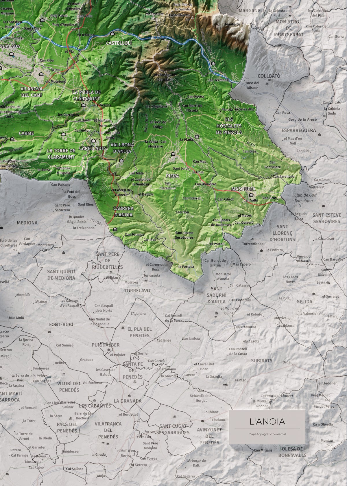 Mapa de relleu de l’Anoia, amb el territori en color i l’entorn en blanc. Detall de la part inferior dreta. 50 × 70 cm. Estil Clàssic.