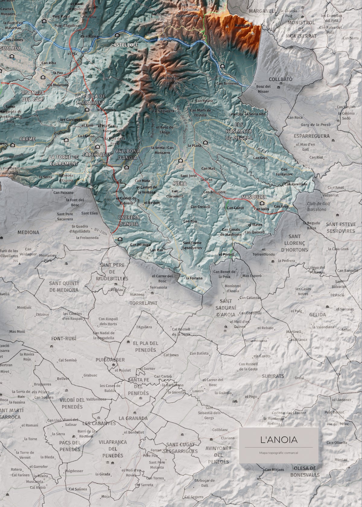 Mapa de relleu de l’Anoia, amb el territori en color i l’entorn en blanc. Detall de la part inferior dreta. 50 × 70 cm. Estil Blau i taronja.