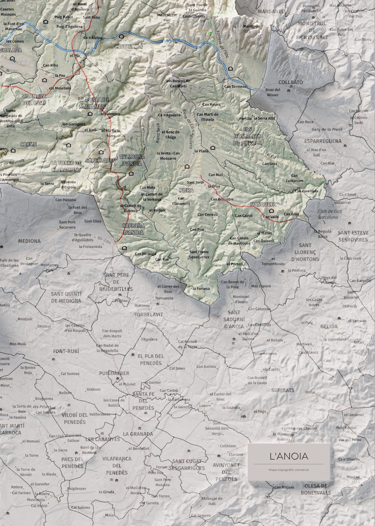 Mapa de relleu de l’Anoia, amb el territori en color i l’entorn en blanc. Detall de la part inferior dreta. 50 × 70 cm. Estil Cartogràfic.