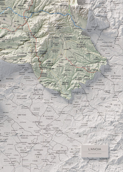 Mapa de relleu de l’Anoia, amb el territori en color i l’entorn en blanc. Detall de la part inferior dreta. 50 × 70 cm. Estil Cartogràfic.