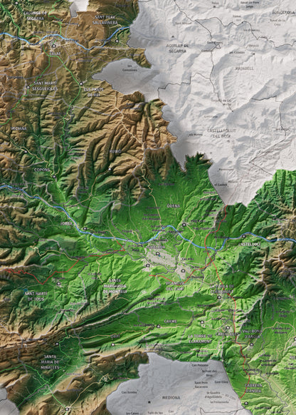 Mapa de relleu de l’Anoia, amb el territori en color i l’entorn en blanc. Detall de la part central. 50 × 70 cm. Estil Clàssic.